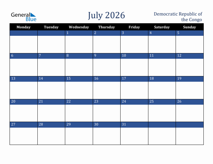 July 2026 Democratic Republic of the Congo Calendar (Monday Start)