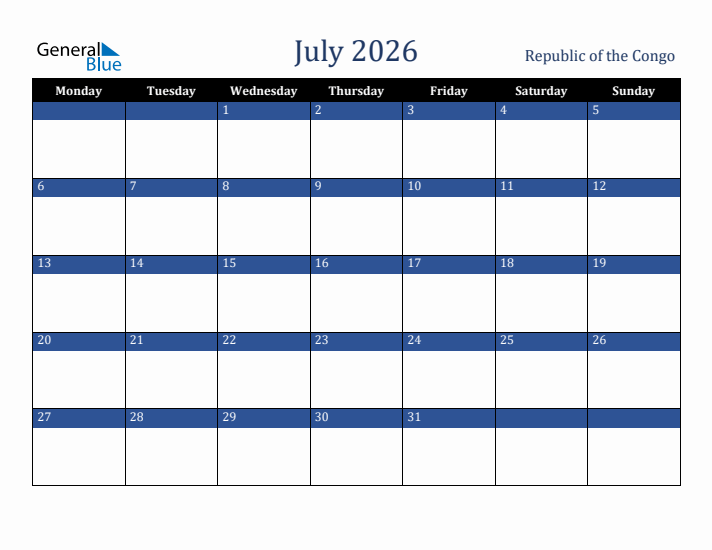 July 2026 Republic of the Congo Calendar (Monday Start)