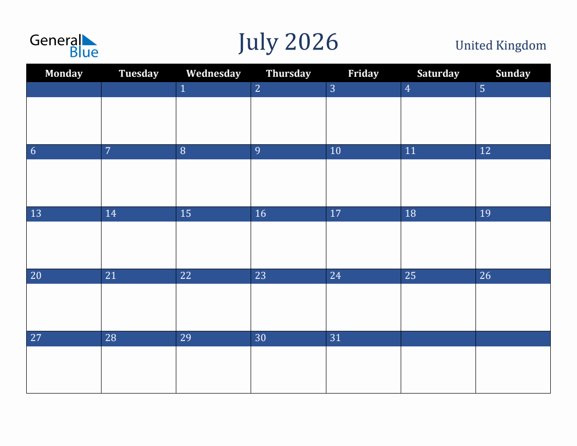 July 2026 United Kingdom Holiday Calendar (Monday Start)