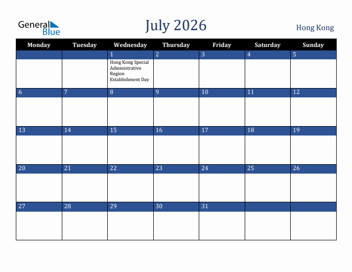 July 2026 Hong Kong Calendar (Monday Start)