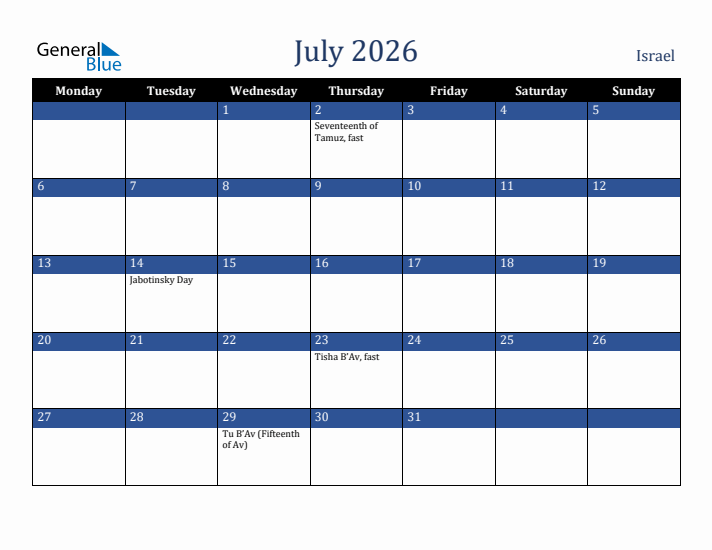 July 2026 Israel Calendar (Monday Start)