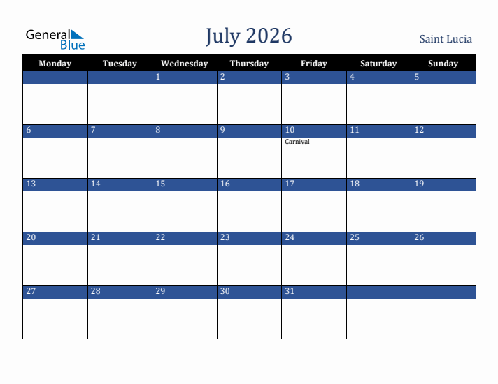 July 2026 Saint Lucia Calendar (Monday Start)