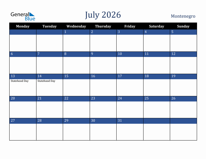 July 2026 Montenegro Calendar (Monday Start)