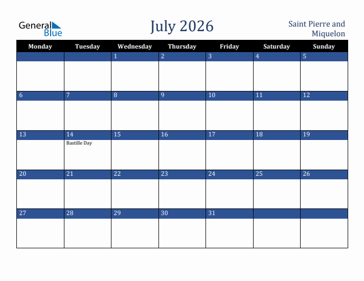 July 2026 Saint Pierre and Miquelon Calendar (Monday Start)
