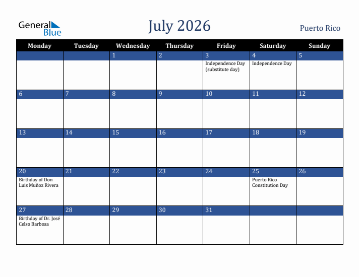 July 2026 Puerto Rico Calendar (Monday Start)