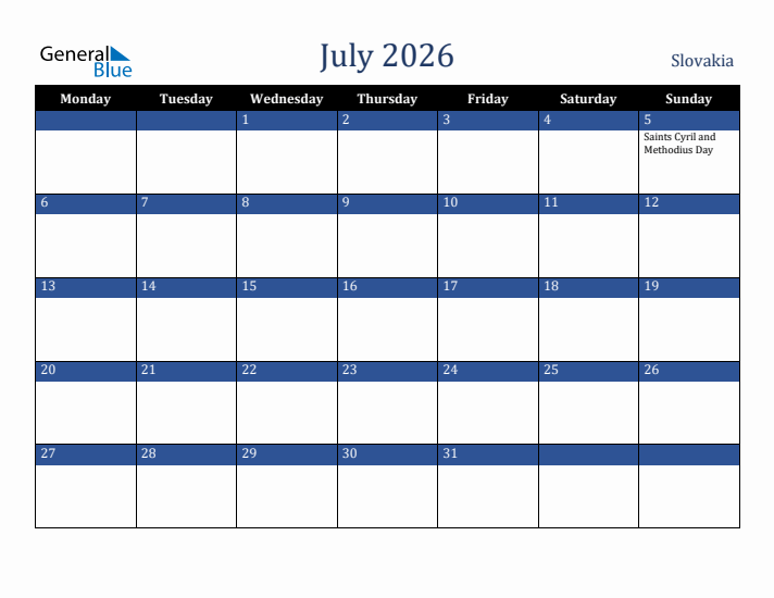 July 2026 Slovakia Calendar (Monday Start)