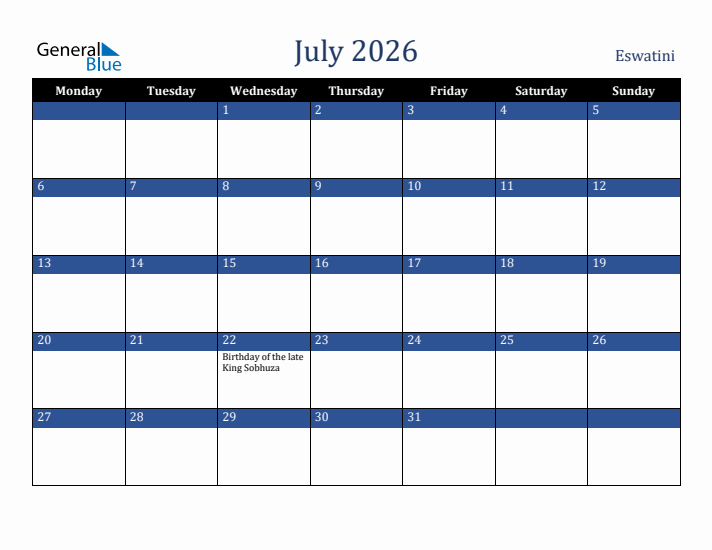 July 2026 Eswatini Calendar (Monday Start)