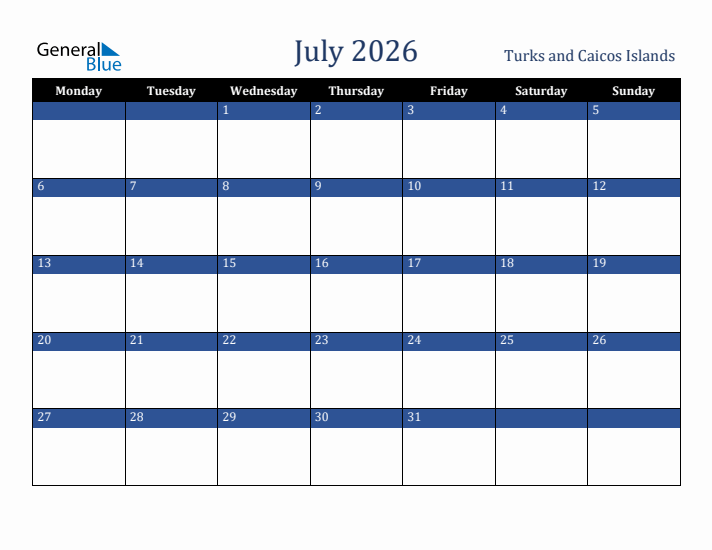 July 2026 Turks and Caicos Islands Calendar (Monday Start)