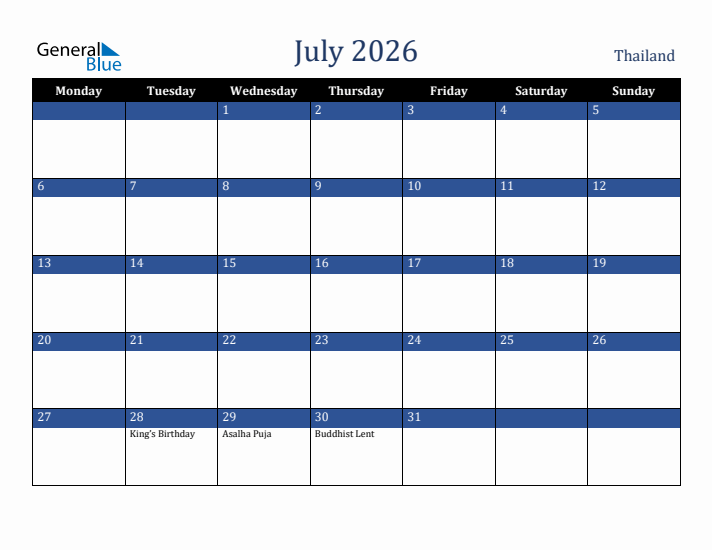 July 2026 Thailand Calendar (Monday Start)