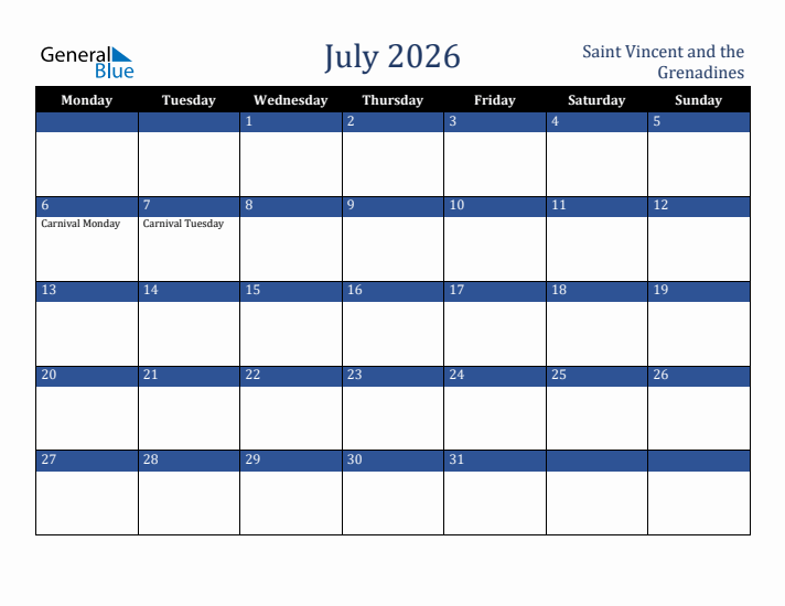 July 2026 Saint Vincent and the Grenadines Calendar (Monday Start)