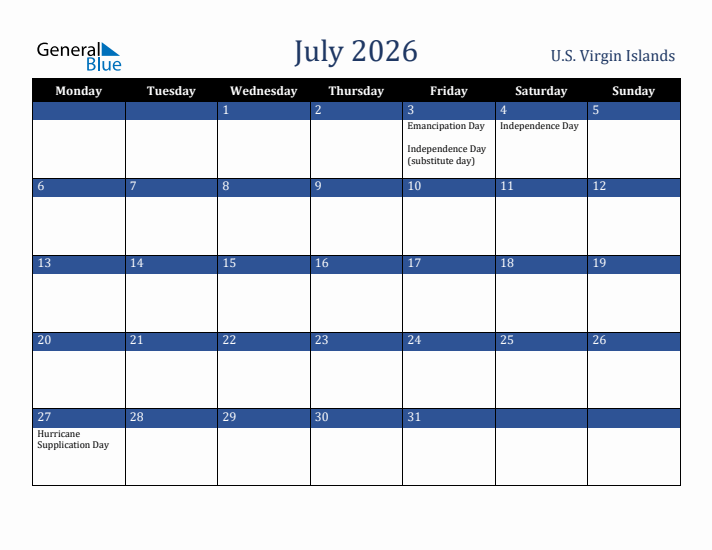 July 2026 U.S. Virgin Islands Calendar (Monday Start)