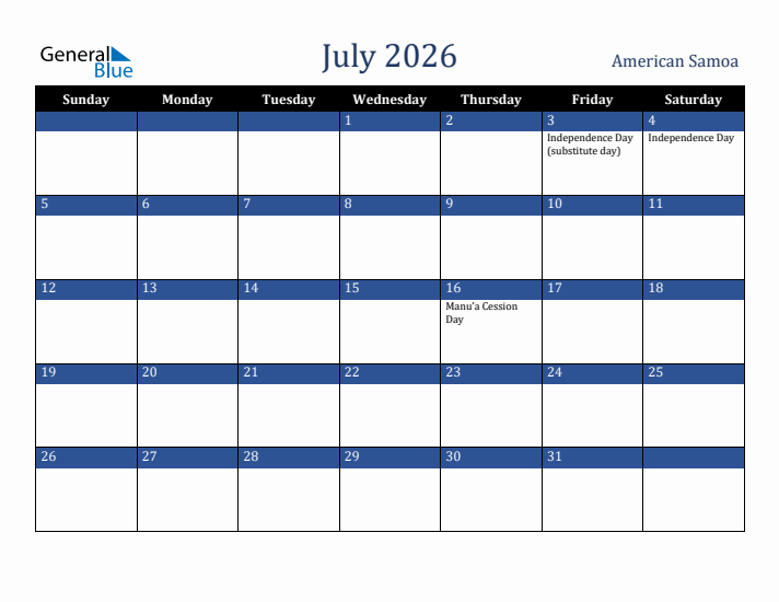 July 2026 American Samoa Calendar (Sunday Start)