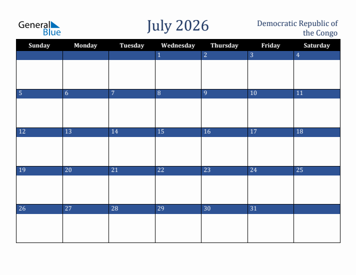 July 2026 Democratic Republic of the Congo Calendar (Sunday Start)