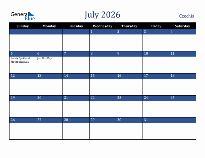 July 2026 Czechia Calendar (Sunday Start)