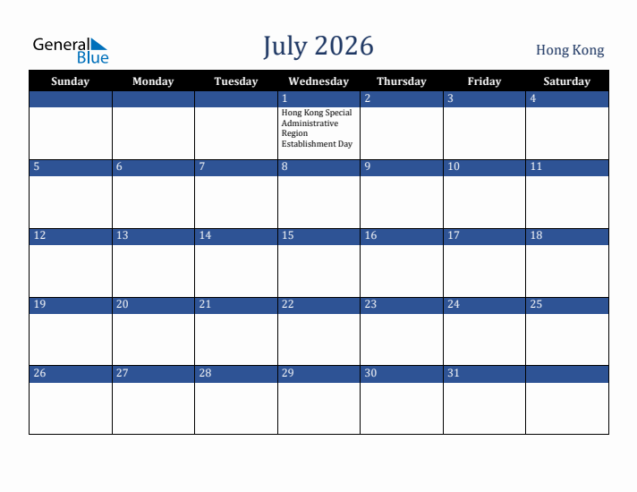 July 2026 Hong Kong Calendar (Sunday Start)