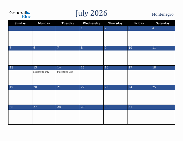 July 2026 Montenegro Calendar (Sunday Start)