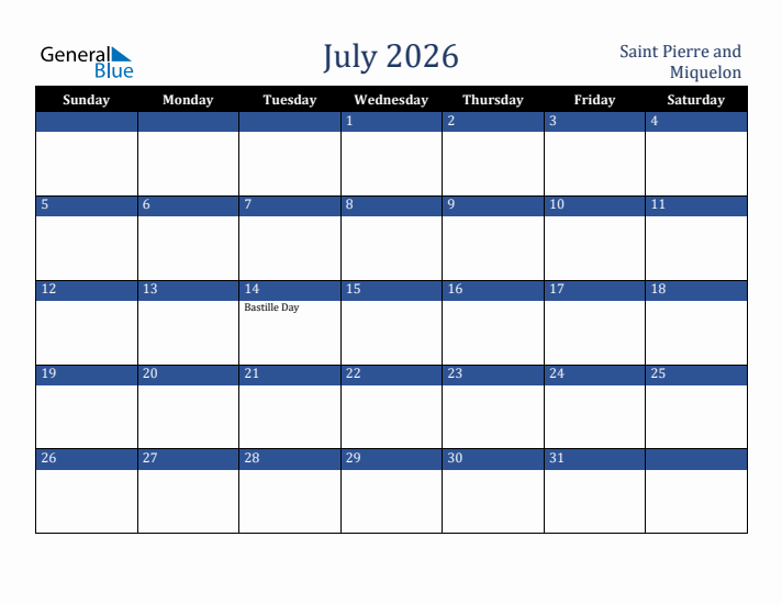 July 2026 Saint Pierre and Miquelon Calendar (Sunday Start)