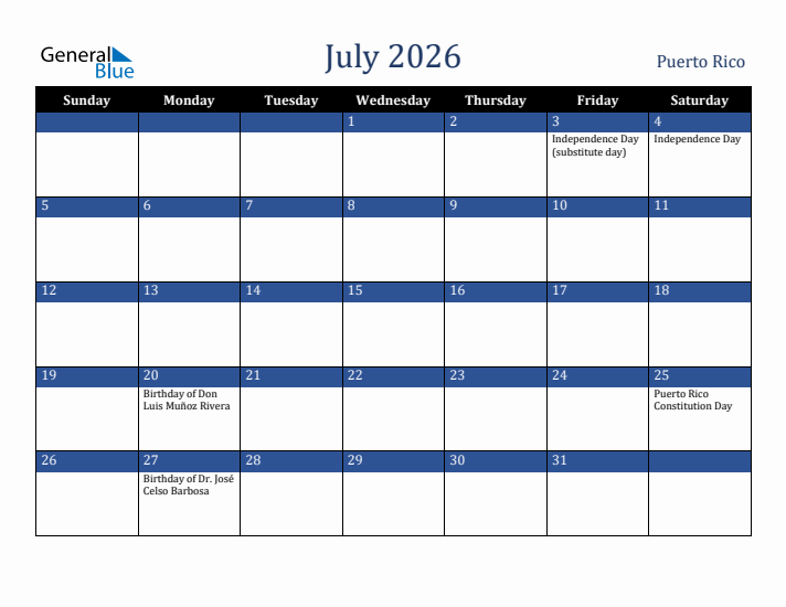 July 2026 Puerto Rico Calendar (Sunday Start)