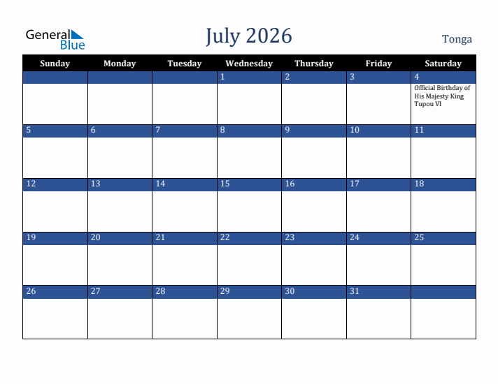 July 2026 Tonga Calendar (Sunday Start)
