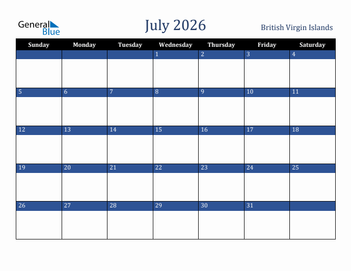 July 2026 British Virgin Islands Calendar (Sunday Start)