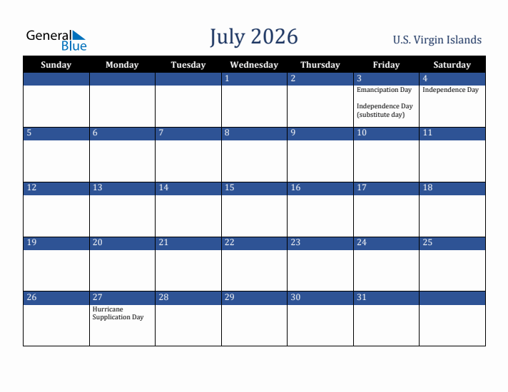 July 2026 U.S. Virgin Islands Calendar (Sunday Start)