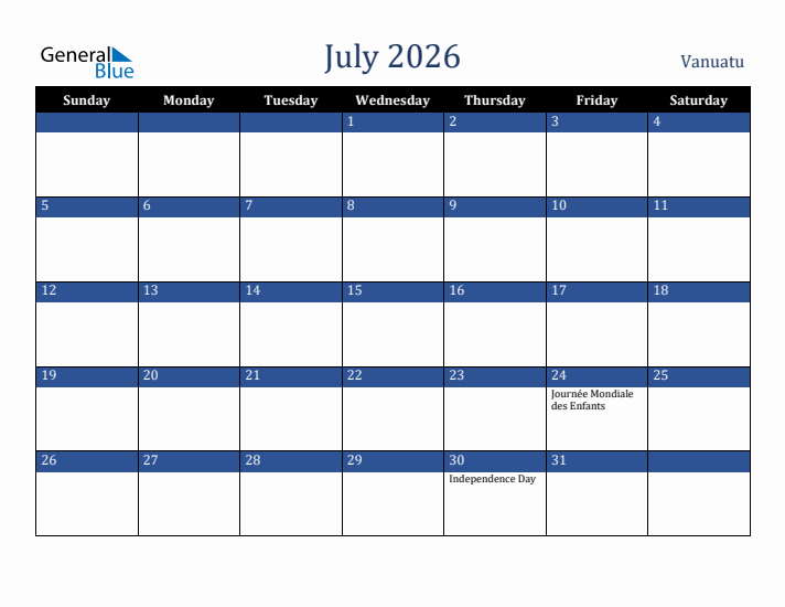 July 2026 Vanuatu Calendar (Sunday Start)