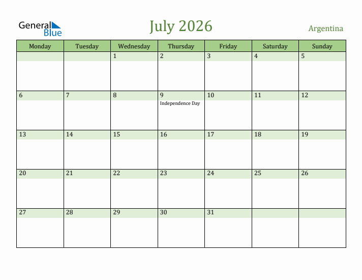 July 2026 Calendar with Argentina Holidays