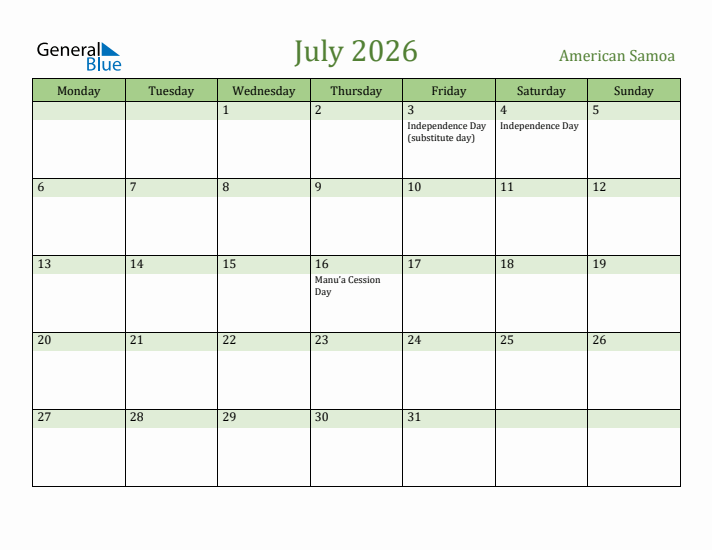 July 2026 Calendar with American Samoa Holidays