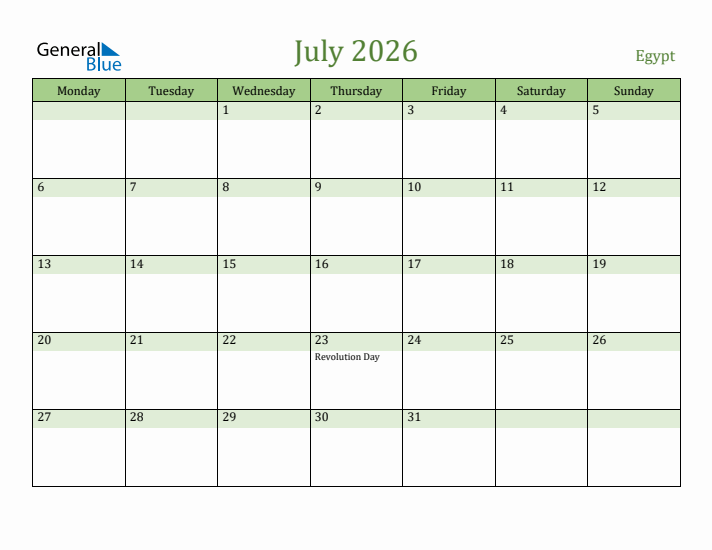 July 2026 Calendar with Egypt Holidays