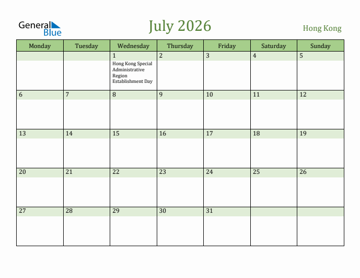 July 2026 Calendar with Hong Kong Holidays