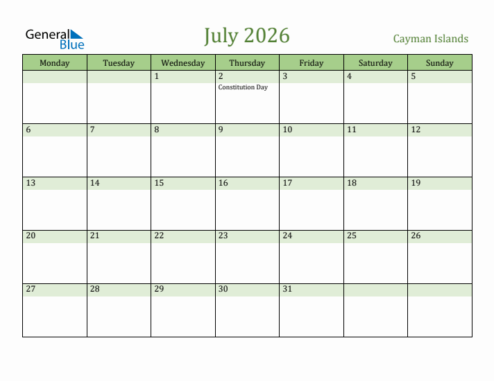 July 2026 Calendar with Cayman Islands Holidays