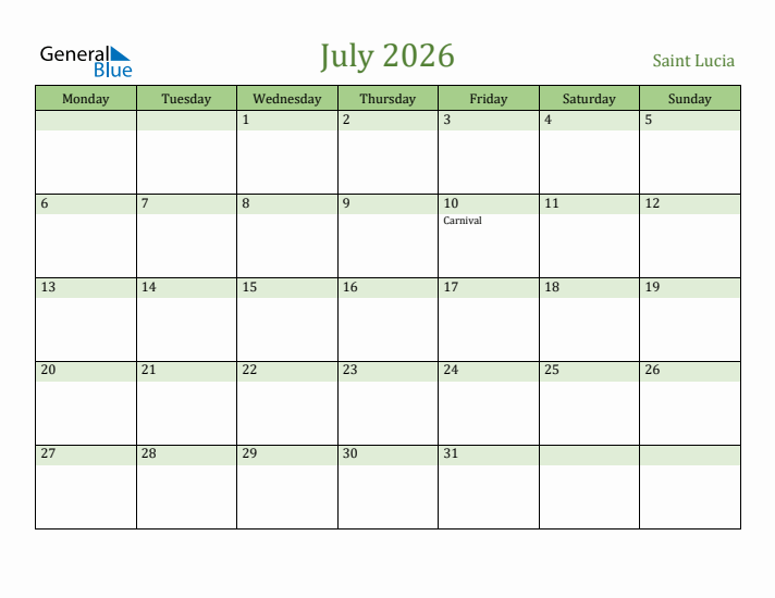 July 2026 Calendar with Saint Lucia Holidays