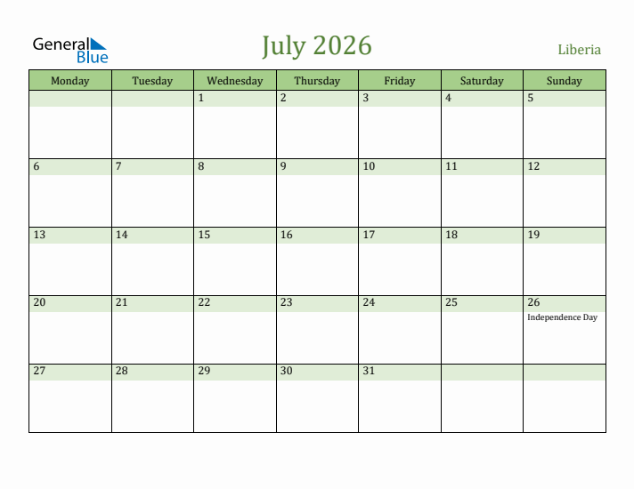 July 2026 Calendar with Liberia Holidays
