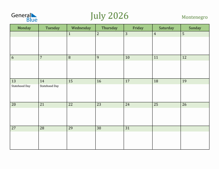 July 2026 Calendar with Montenegro Holidays