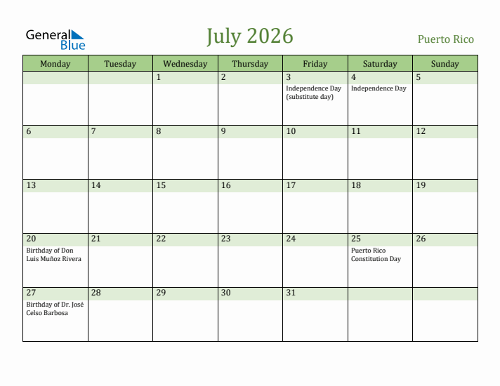 July 2026 Calendar with Puerto Rico Holidays