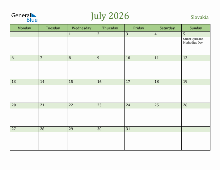 July 2026 Calendar with Slovakia Holidays