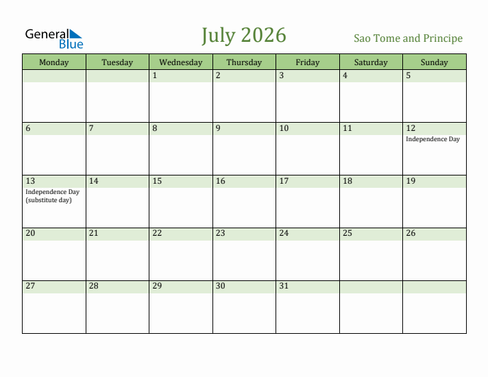 July 2026 Calendar with Sao Tome and Principe Holidays