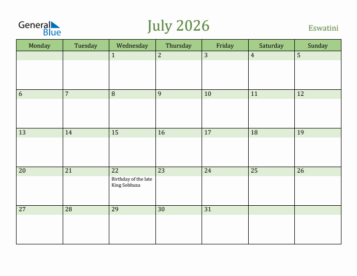 July 2026 Calendar with Eswatini Holidays