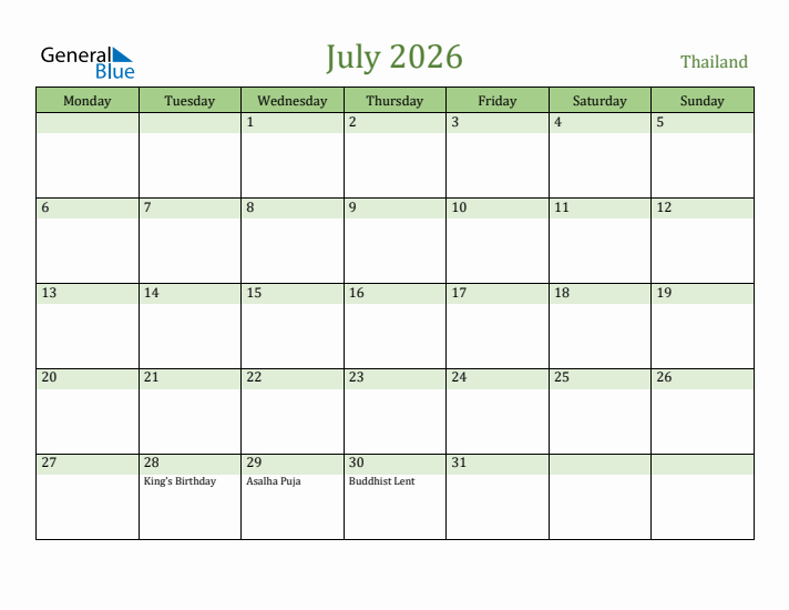 July 2026 Calendar with Thailand Holidays
