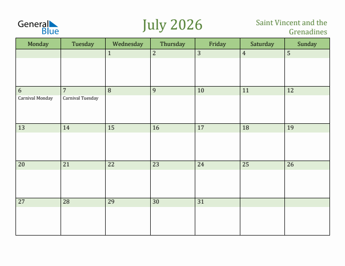 July 2026 Calendar with Saint Vincent and the Grenadines Holidays