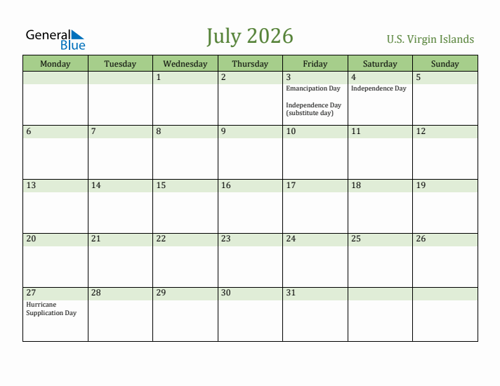 July 2026 Calendar with U.S. Virgin Islands Holidays