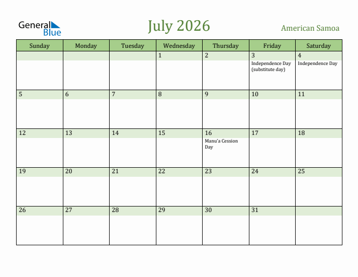 July 2026 Calendar with American Samoa Holidays