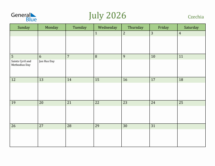 July 2026 Calendar with Czechia Holidays