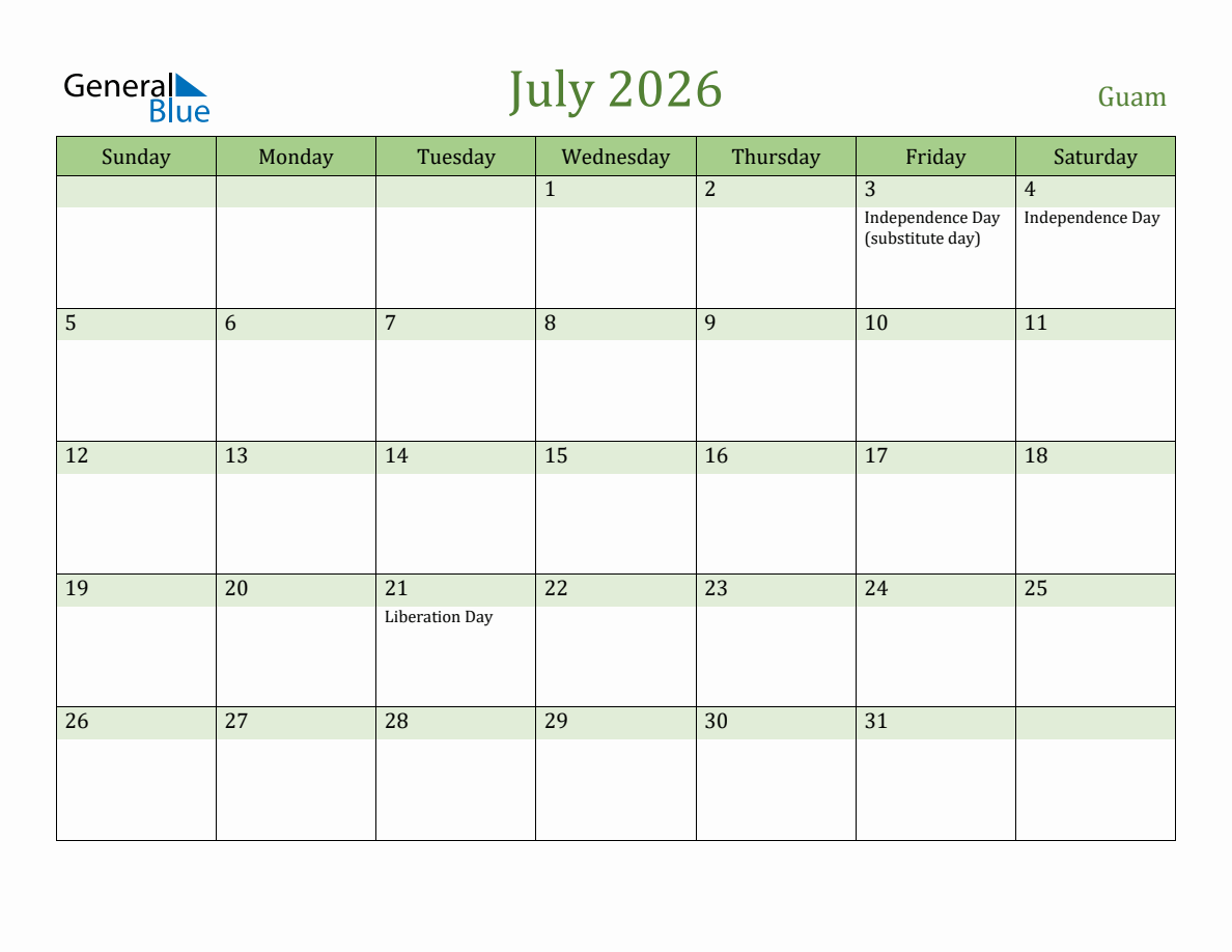 Fillable Holiday Calendar for Guam July 2026 Fillable Holiday Calendar for Guam July 2026
