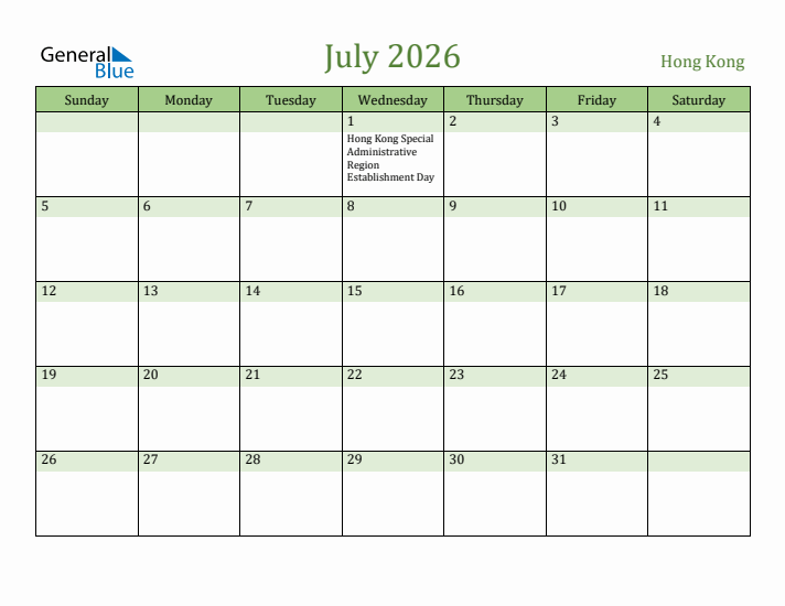July 2026 Calendar with Hong Kong Holidays