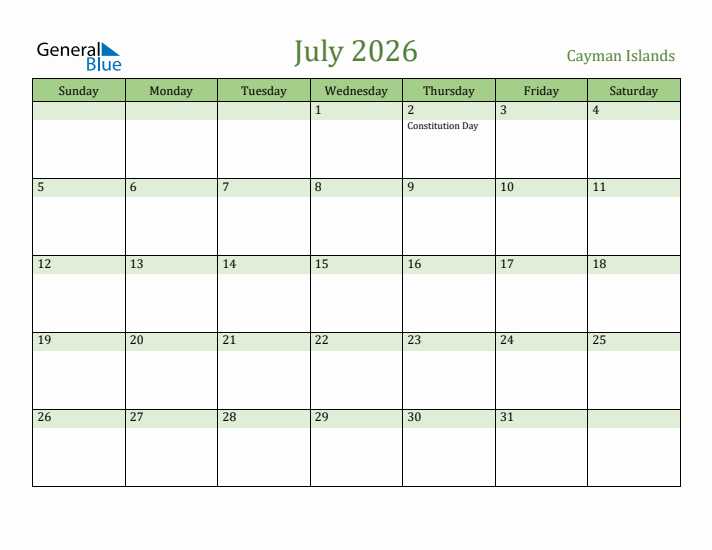 July 2026 Calendar with Cayman Islands Holidays