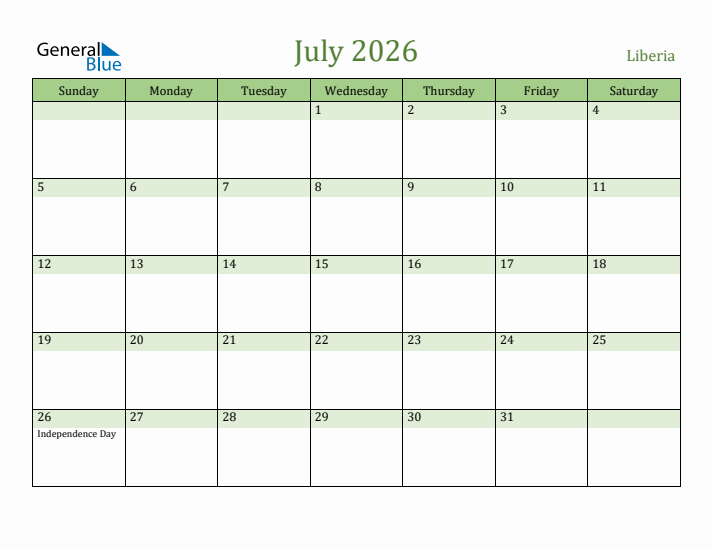 July 2026 Calendar with Liberia Holidays