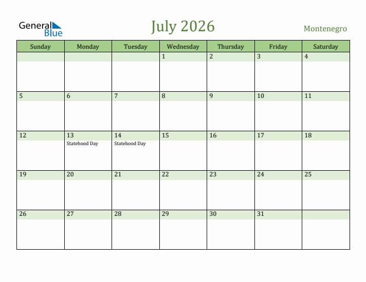 July 2026 Calendar with Montenegro Holidays