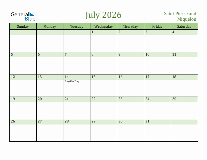 July 2026 Calendar with Saint Pierre and Miquelon Holidays
