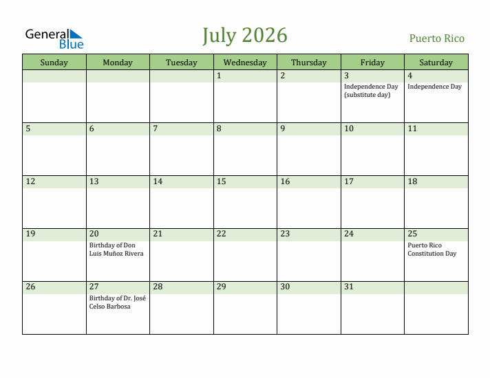 July 2026 Calendar with Puerto Rico Holidays